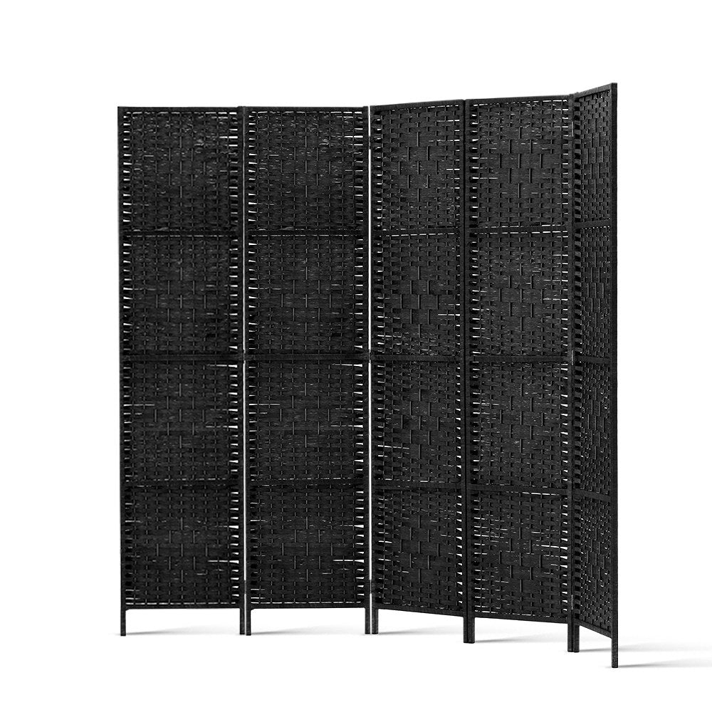 Black 4-panel woven paper rope room divider curved arc configuration on white background with black metal tube feet