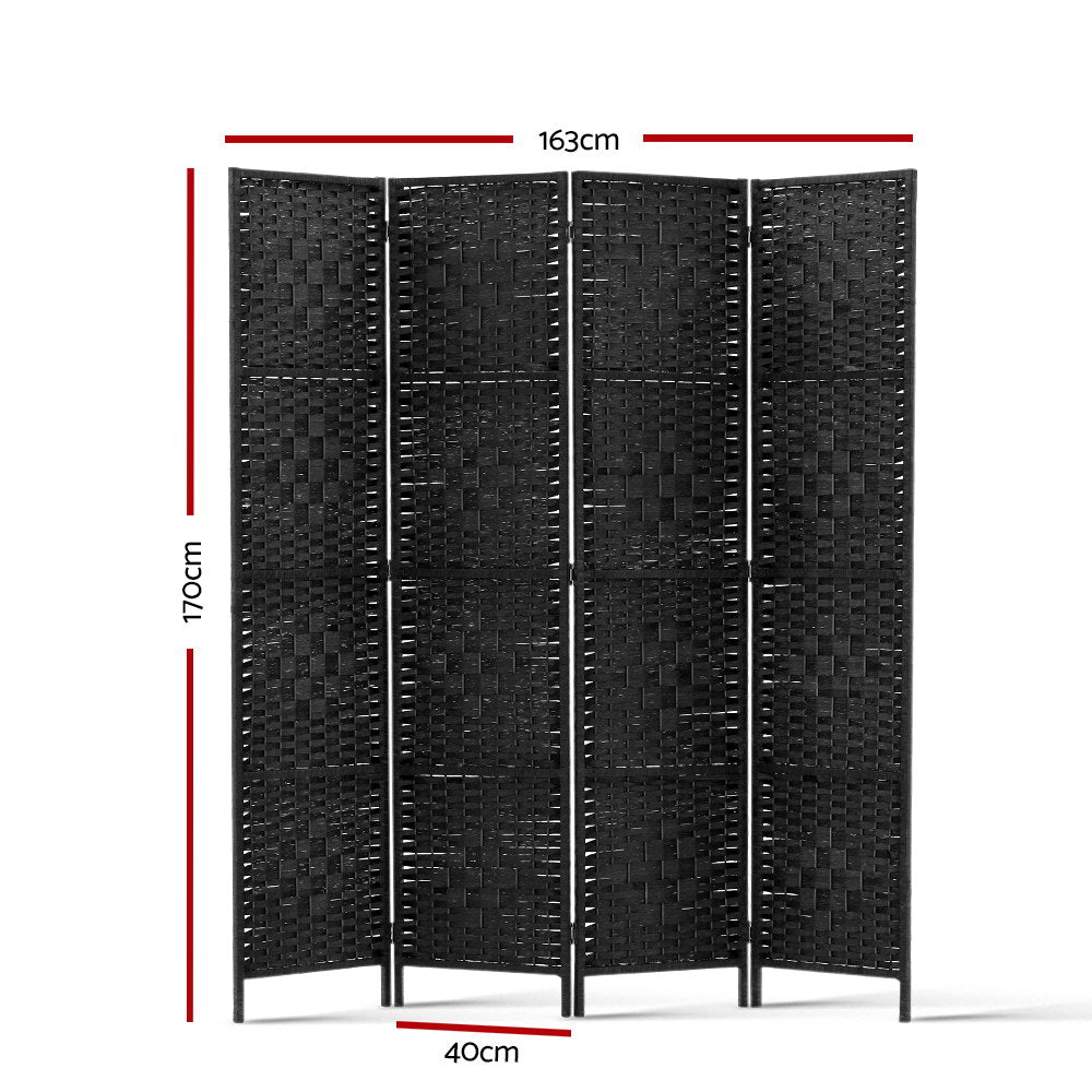 Black 4-panel woven paper rope room divider flat front view on white background with black metal tube frame feet