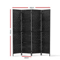 Black 4-panel woven paper rope room divider dimension diagram 163cm wide 170cm tall and 40cm depth