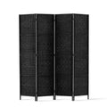 Black 4-panel woven paper rope room divider flat front view on white background with black metal tube frame feet