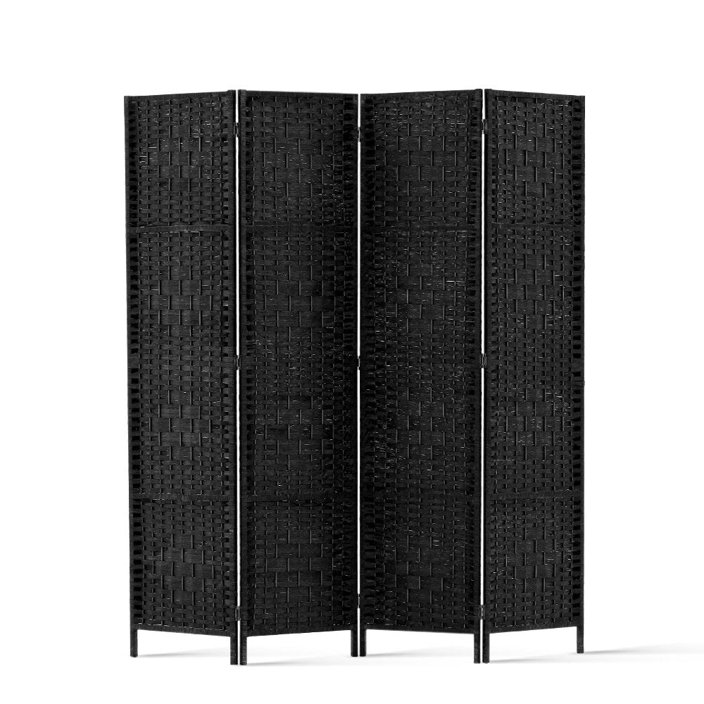 Black 4-panel woven paper rope room divider flat front view on white background with black metal tube frame feet