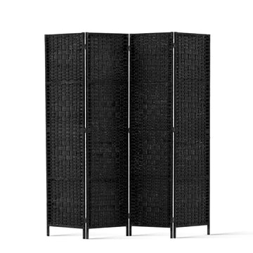 Black 4-panel woven paper rope room divider flat front view on white background with black metal tube frame feet