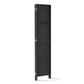 Black 4-panel woven paper rope room divider folded compact side view on white background with black metal frame and hinges