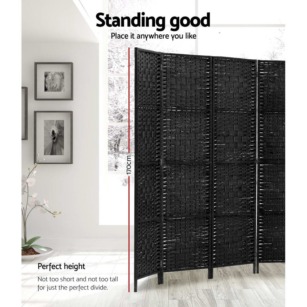 Black 4-panel woven paper rope room divider 170cm height infographic in lifestyle room with framed wall photos and orchid