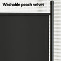 Black 4-panel fabric room divider washable peach velvet fabric close-up with black metal pole detail