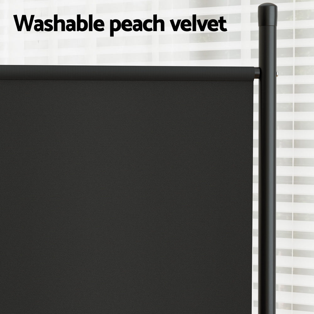 Black 4-panel fabric room divider washable peach velvet fabric close-up with black metal pole detail