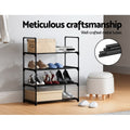 Black 4-tier metal shoe rack meticulous craftsmanship infographic with boxes on top and shoes loaded