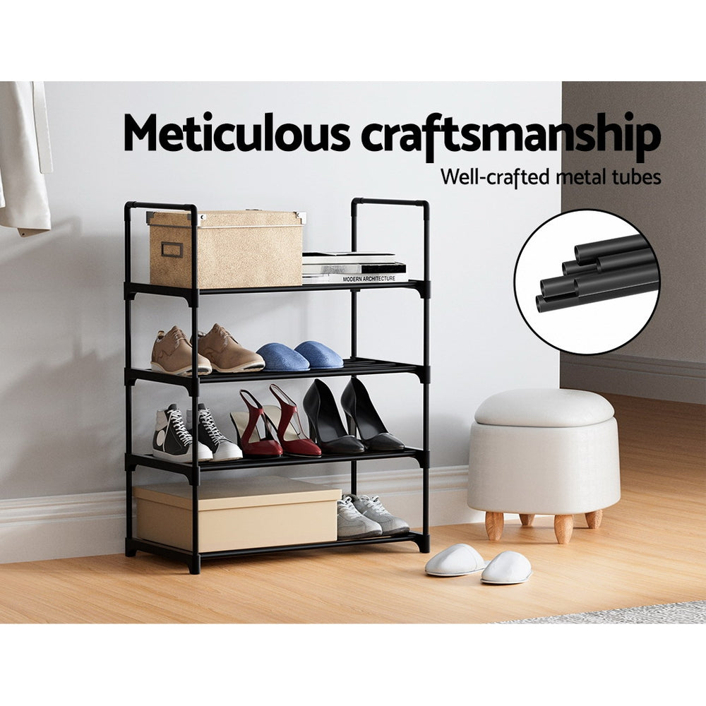 Black 4-tier metal shoe rack meticulous craftsmanship infographic with boxes on top and shoes loaded