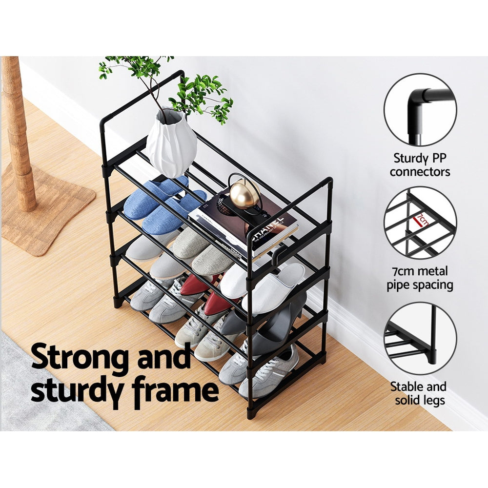 Black 4-tier metal open shoe rack strong frame infographic with PP connectors and 7cm pipe spacing callouts