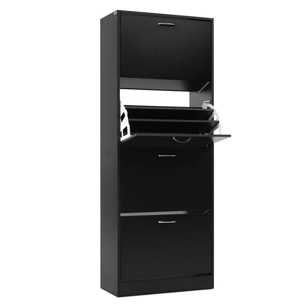 Black four-tier flip-out shoe cabinet three-quarter angle second door open showing flip-out tray mechanism on white background