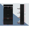 Black four-tier shoe cabinet dimensions 60cm wide 160cm tall 30cm deep with tray widths 8cm 9cm 14cm and 34cm measurements