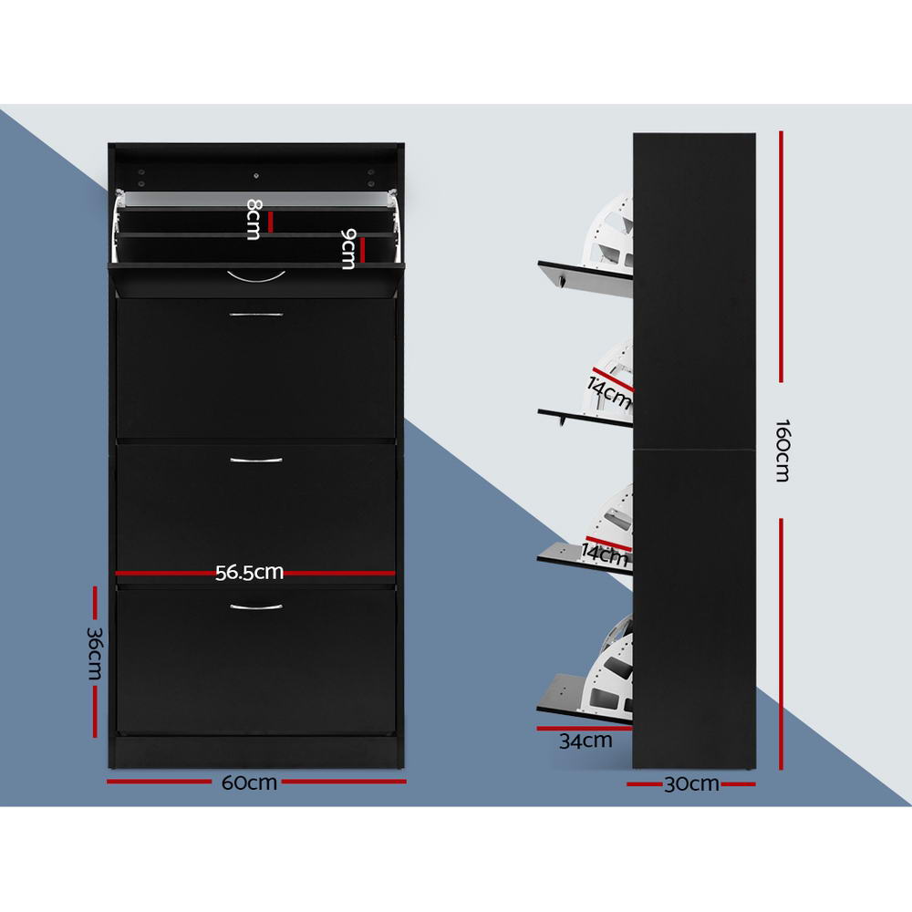 Black four-tier shoe cabinet dimensions 60cm wide 160cm tall 30cm deep with tray widths 8cm 9cm 14cm and 34cm measurements
