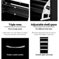Black shoe cabinet features triple row shelves adjustable shelf mechanism powder-coated handles and smooth open close