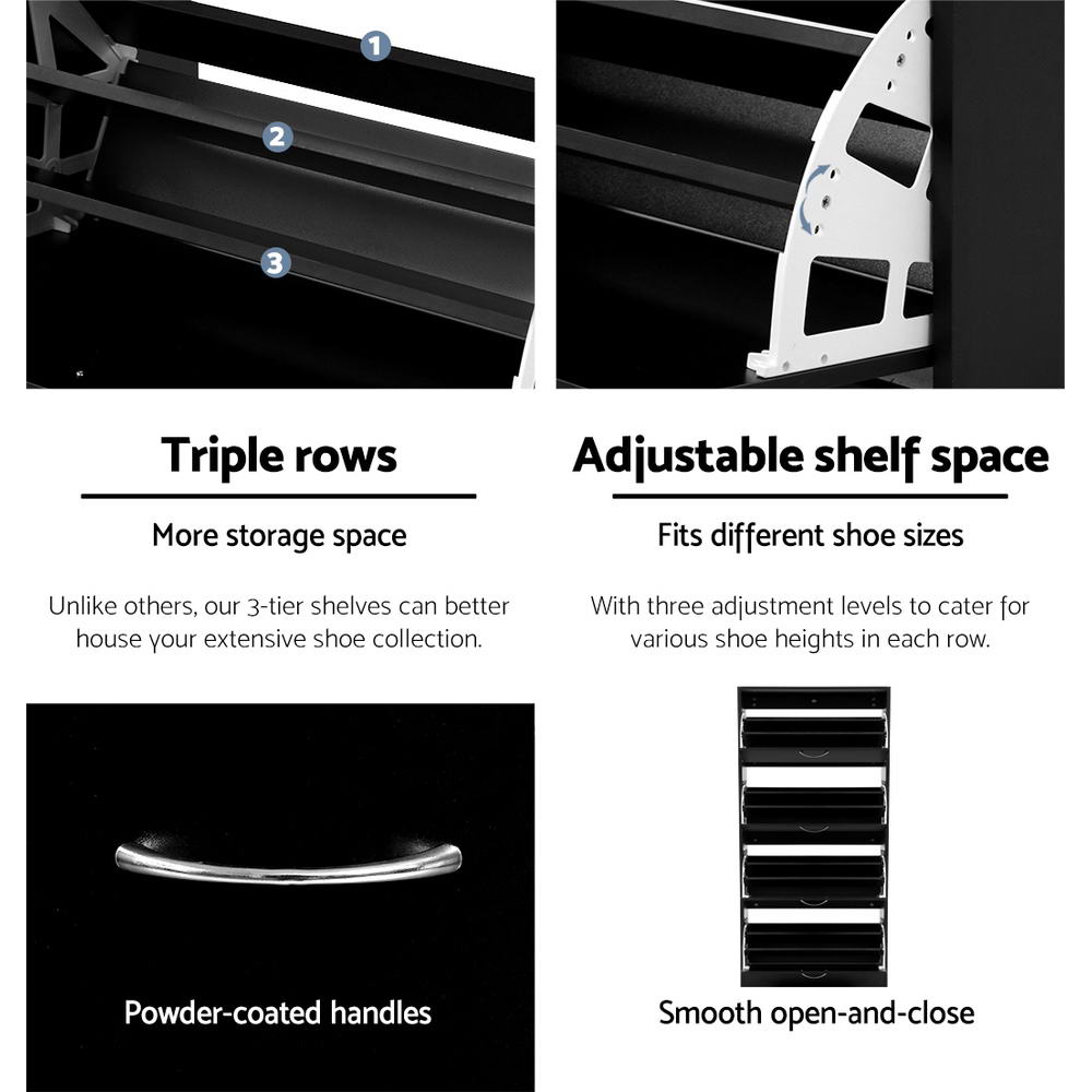Black shoe cabinet features triple row shelves adjustable shelf mechanism powder-coated handles and smooth open close