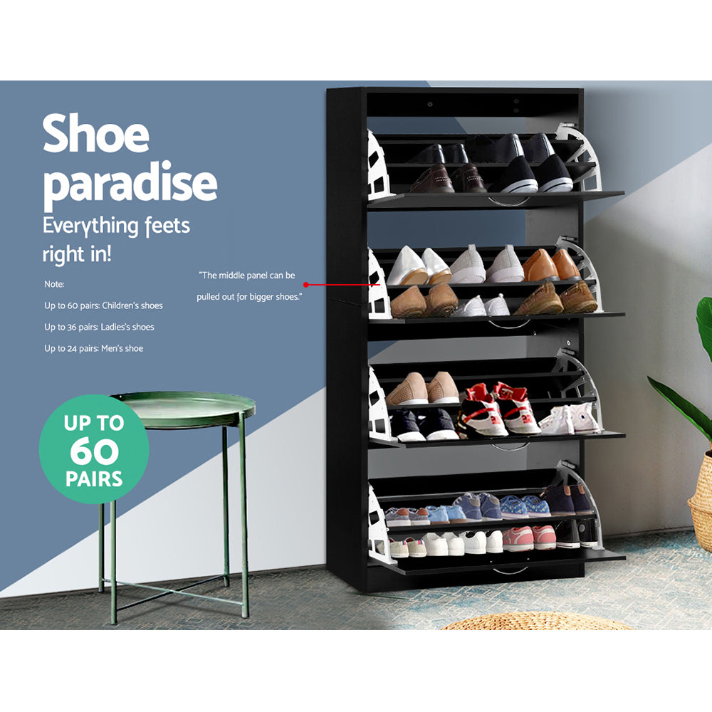Black four-tier shoe cabinet all flip-out trays open loaded with shoes shoe paradise up to 60 pairs badge shown in lifestyle