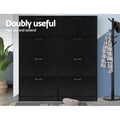 Two black four-tier flip-out shoe cabinets placed side by side in hallway doubly useful multiply and extend text visible