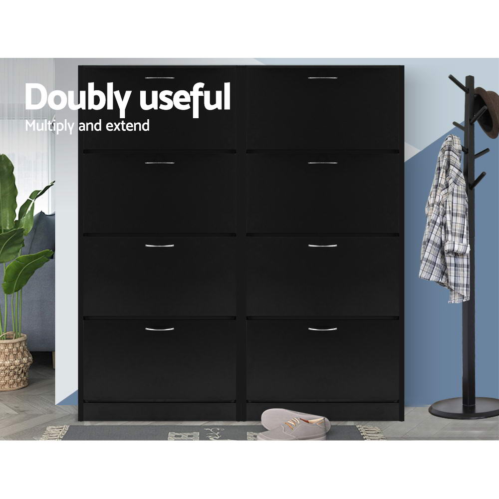 Two black four-tier flip-out shoe cabinets placed side by side in hallway doubly useful multiply and extend text visible