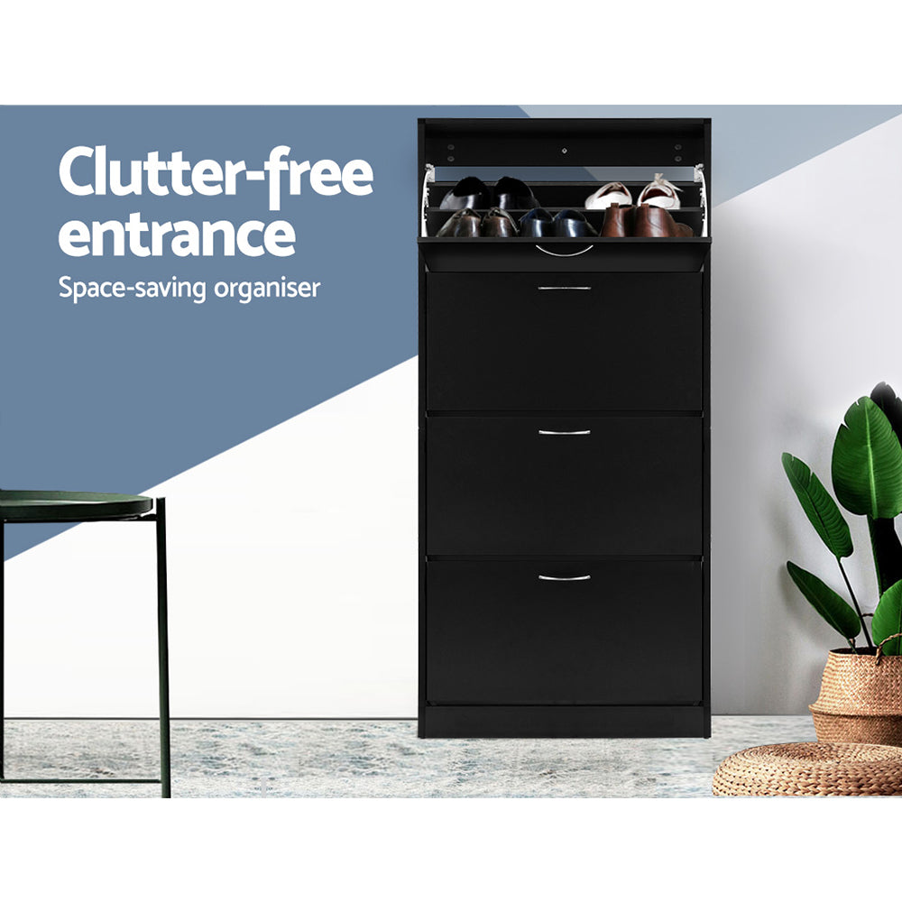 Black four-tier shoe cabinet top flip-out compartment with shoes three lower doors closed clutter-free entrance text