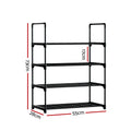 Dimensions diagram: black 4-tier PP-connector shoe rack 55cm wide, 28cm deep, 73cm tall, 17cm shelf spacing