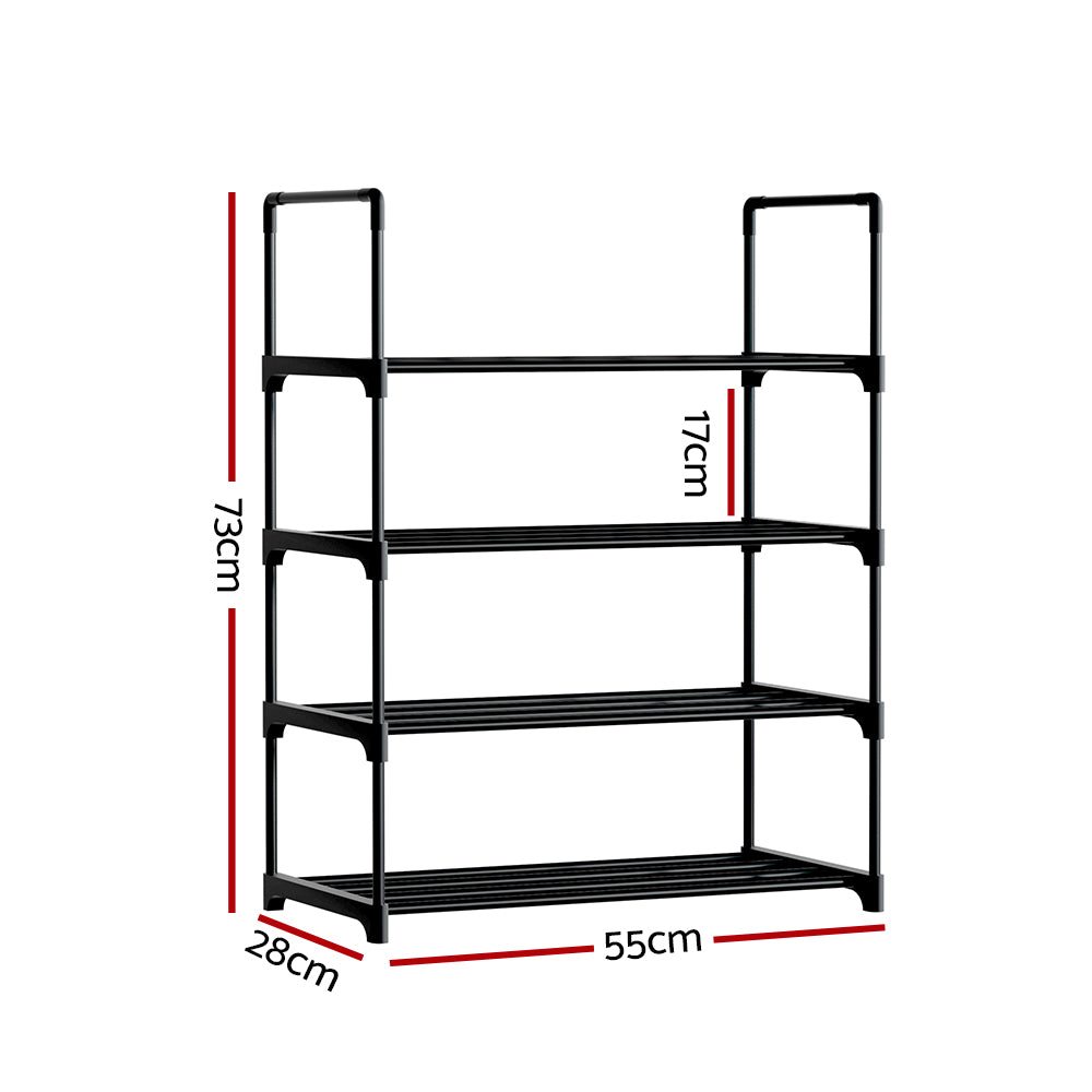 Dimensions diagram: black 4-tier PP-connector shoe rack 55cm wide, 28cm deep, 73cm tall, 17cm shelf spacing