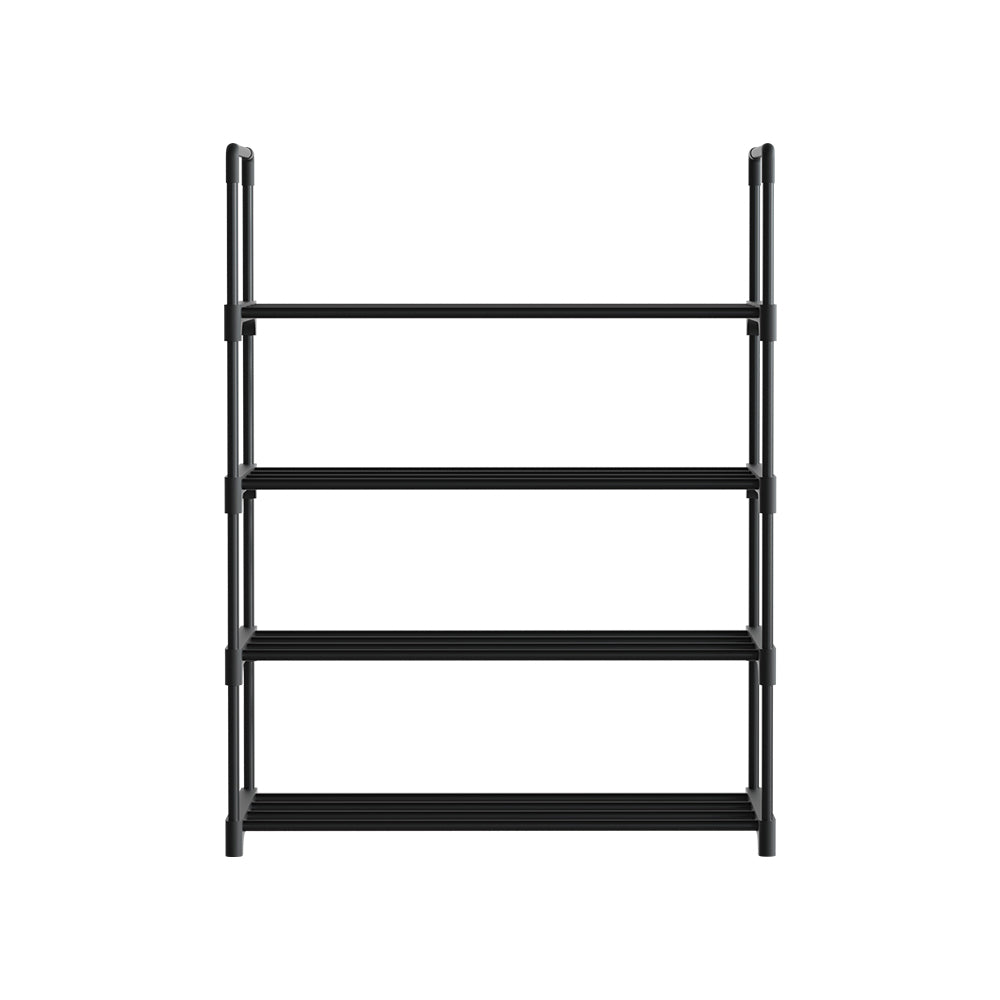 Black 4-tier PP-connector shoe rack 55cm front view on white background, four horizontal black bar shelves