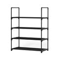 Black 4-tier PP-connector shoe rack in hallway with rattan basket and plant on top, shoes on three tiers