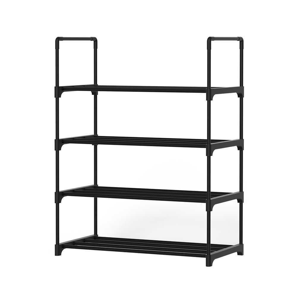 Black 4-tier PP-connector shoe rack in hallway with rattan basket and plant on top, shoes on three tiers