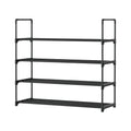Black 4-tier metal shoe rack with PP corner connectors, angle view on white background, all shelves empty