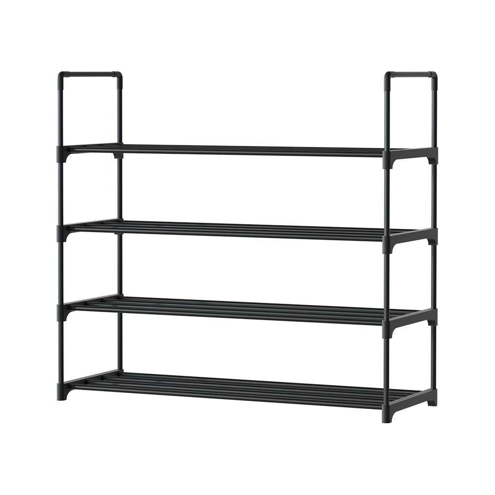 Black 4-tier metal shoe rack with PP corner connectors, angle view on white background, all shelves empty
