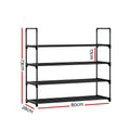 Dimensions diagram: black 4-tier PP-connector shoe rack 80cm wide, 28cm deep, 73cm tall, 17cm shelf spacing