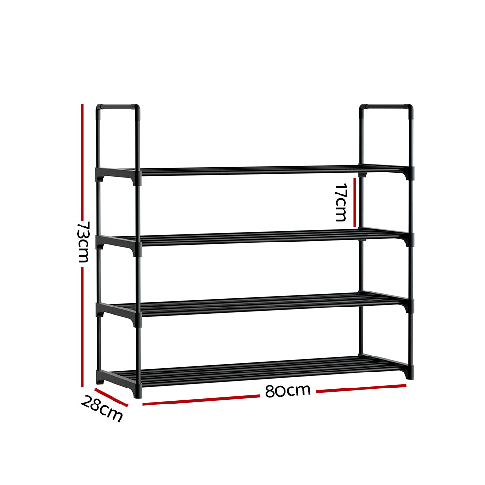 Dimensions diagram: black 4-tier PP-connector shoe rack 80cm wide, 28cm deep, 73cm tall, 17cm shelf spacing