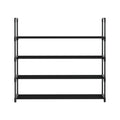 Black 4-tier PP-connector shoe rack 80cm front view on white background, four horizontal bar shelves
