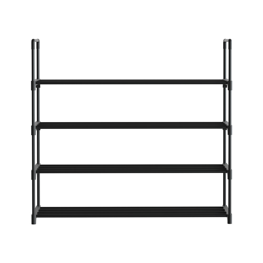 Black 4-tier PP-connector shoe rack 80cm front view on white background, four horizontal bar shelves