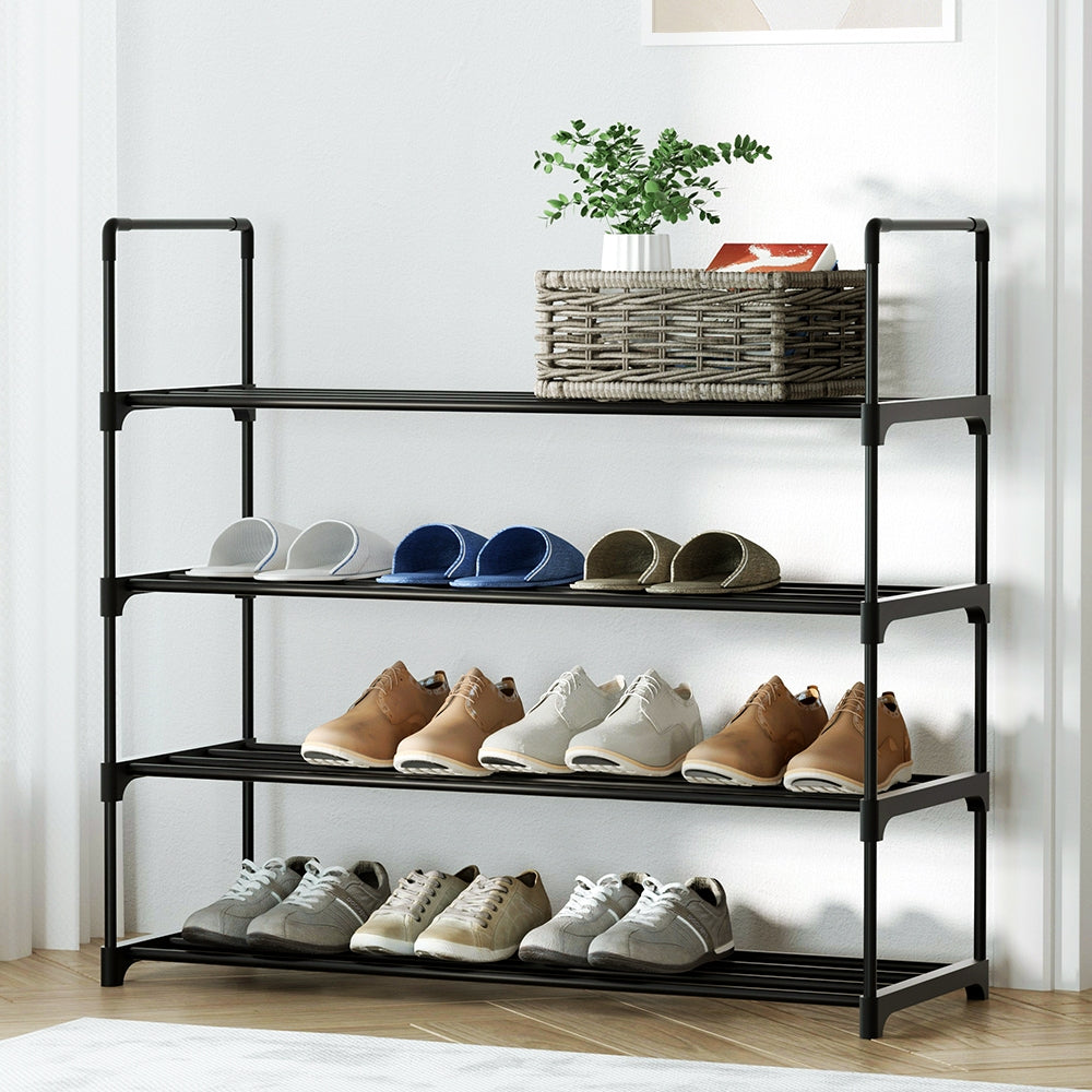 Black 4-tier metal shoe rack with PP connectors in hallway, rattan basket and plant on top, shoes on shelves