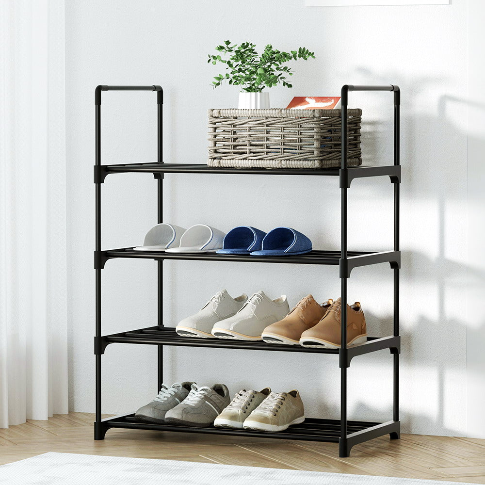 Black 4-tier tube shoe rack in hallway, plant and basket on top, slippers and sneakers on lower tiers