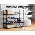 Black 4-tier tube shoe rack with shoes in room setting, meticulous craftsmanship metal tube close-up callout