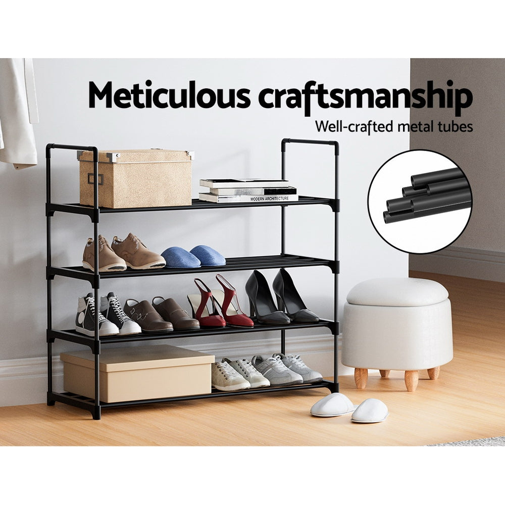 Black 4-tier tube shoe rack with shoes in room setting, meticulous craftsmanship metal tube close-up callout