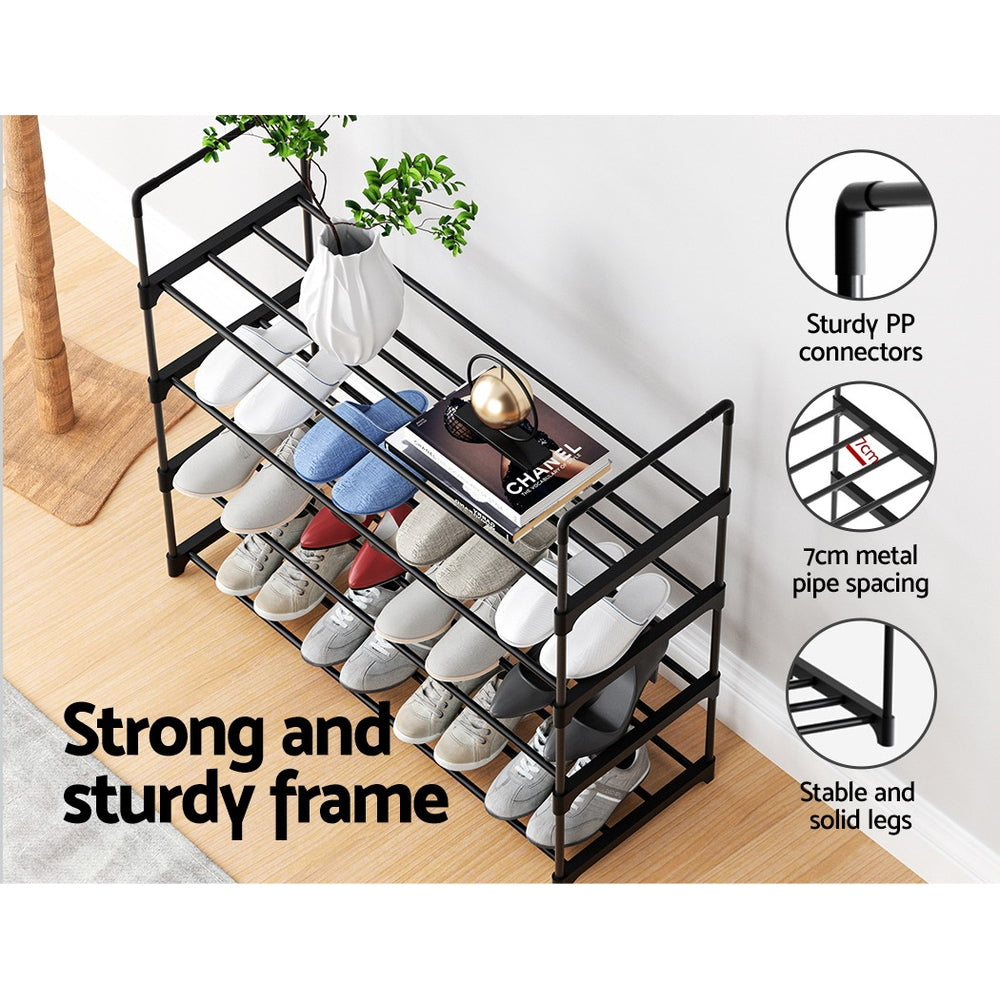 Black 4-tier shoe rack loaded with shoes showing sturdy PP connectors and 7cm metal pipe spacing callouts