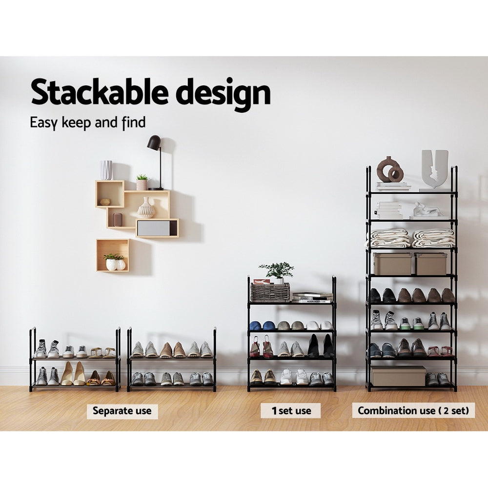 Stackable design diagram: black tube shoe rack in separate, 4-tier and combined 8-tier configurations