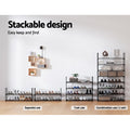 Stackable design diagram showing 3 use modes: separate 2-tier units, single 4-tier set, combined 8-tier unit