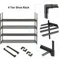 4-tier shoe rack assembly diagram showing parts with close-up callouts of connectors and shelf bar details