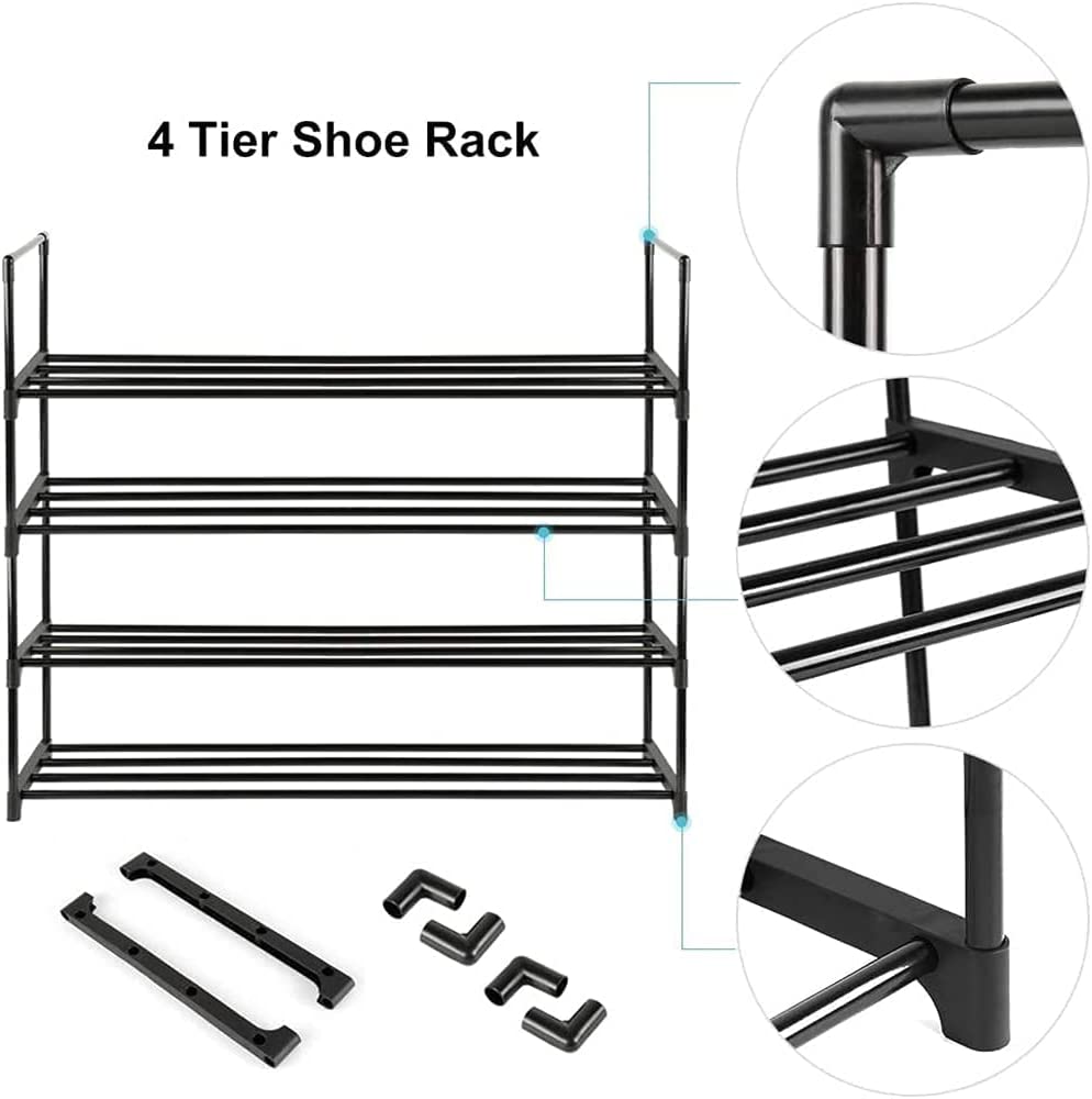 4-tier shoe rack assembly diagram showing parts with close-up callouts of connectors and shelf bar details