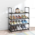 Dimensions diagram: black 4-tier metal tube shoe rack 55cm wide, 28.5cm deep, 73cm tall, 17cm shelf spacing