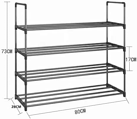 Black 4-tier metal tube shoe rack 80cm in hallway with colorful flats and loafers loaded, lantern on top