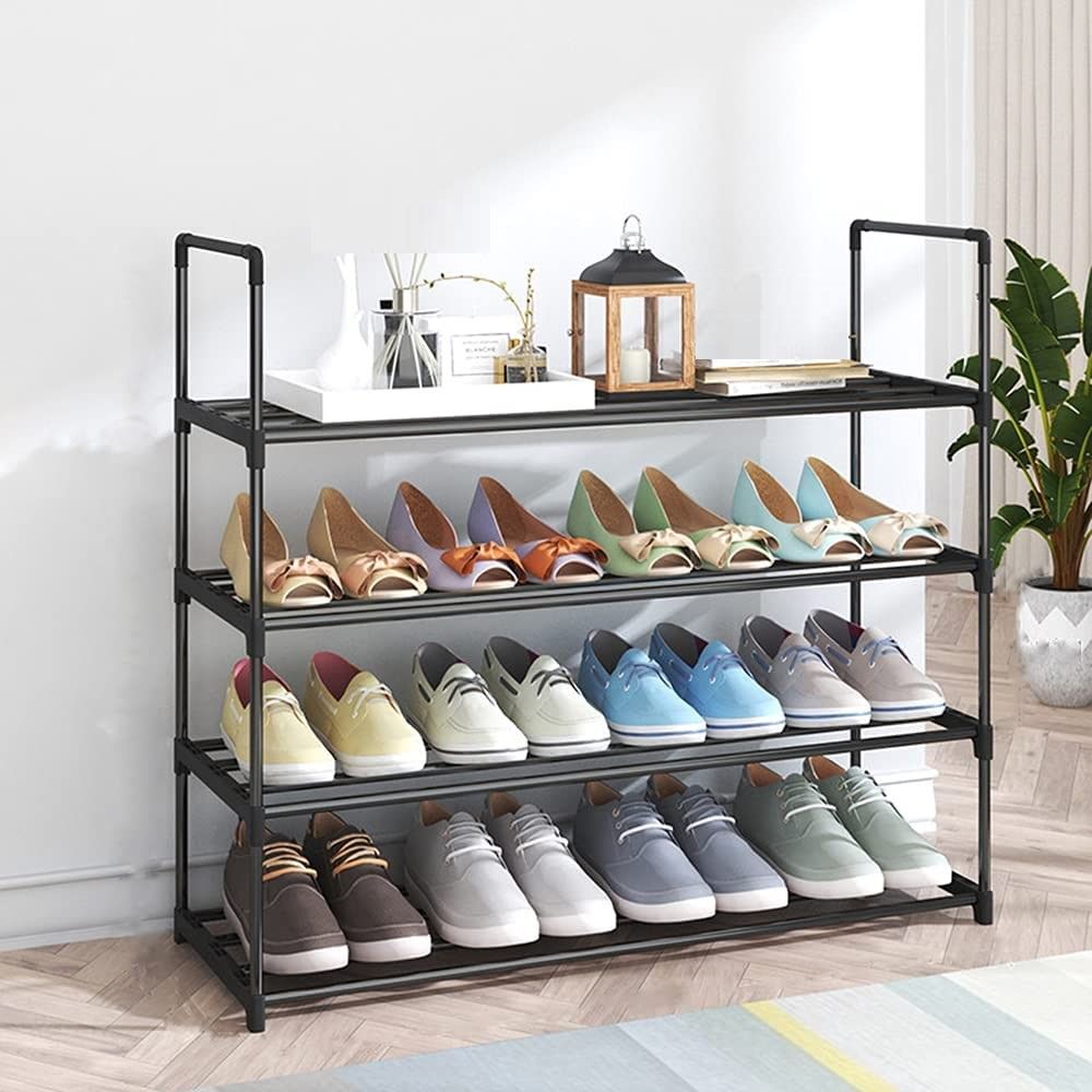 Black 4-tier metal tube shoe rack 80cm in hallway with colorful flats and loafers loaded, lantern on top