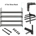 4-tier shoe rack assembly diagram with close-up callouts of corner connectors, shelf bars and leg joint details