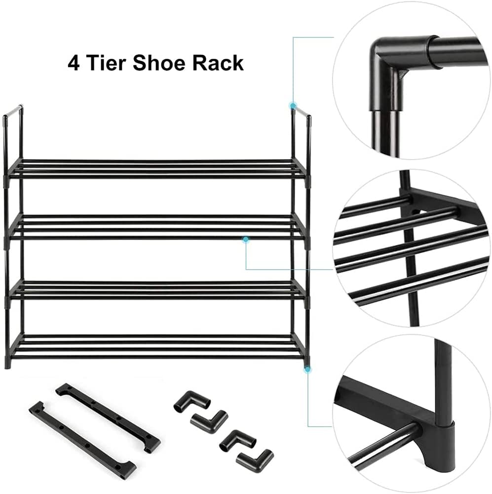 4-tier shoe rack assembly diagram with close-up callouts of corner connectors, shelf bars and leg joint details
