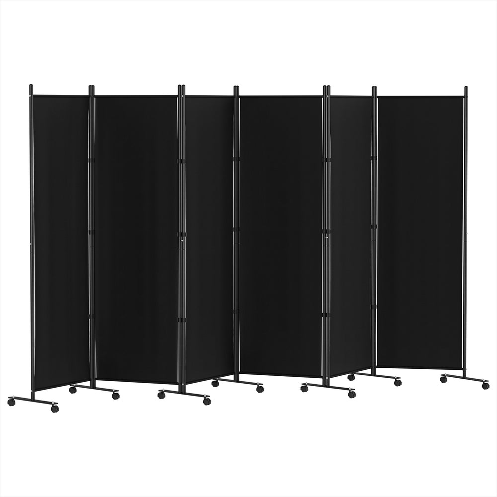 Black 6-panel fabric room divider on wheels on white background showing black metal frame and lockable caster wheels