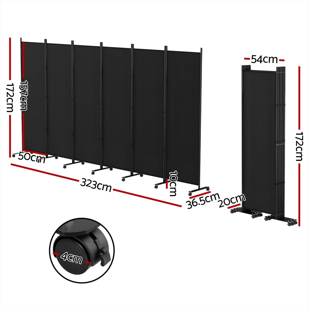 Black 6-panel fabric room divider on wheels dimension diagram 323cm wide 172cm tall 50cm depth 36.5cm base and 4cm wheel