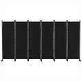 Black 6-panel fabric room divider on wheels flat front view on white background with black metal frame and caster bases